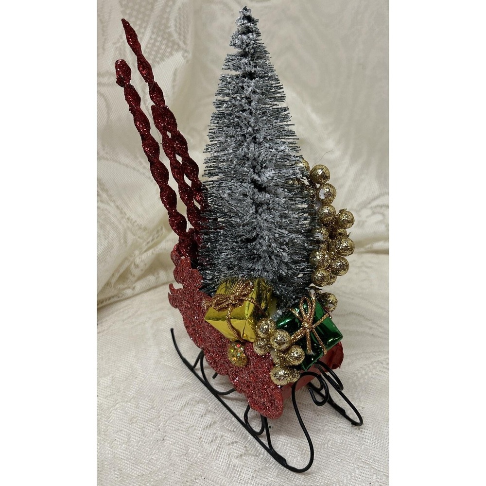 Vintage‎ Tin Dept. 56 Sleigh Red Glitter Brush Tree Christmas Assemblage Display